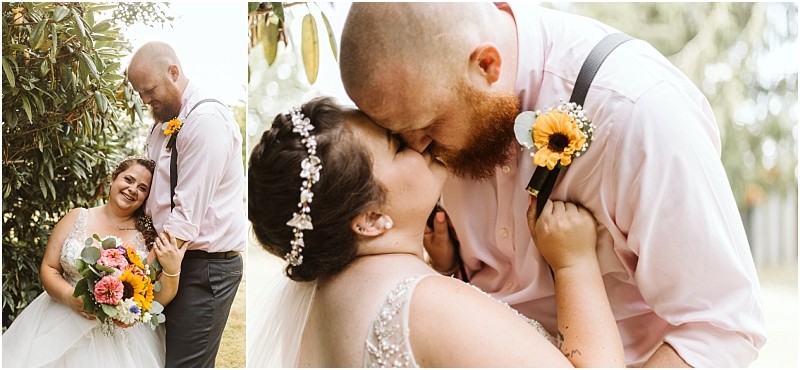 Premier Snohomish & Seattle Wedding Photographer | GSquared Weddings Photography Two wedding photos: On the left, a smiling bride holds a colorful bouquet while leaning against her tall groom with a sunflower boutonniere. On the right, the Snohomish couple shares a close, affectionate kiss outdoors after their Seattle engagement. 47.9129° N, 122.0982° W | Serving Snohomish, Seattle , Orlando & Beyond