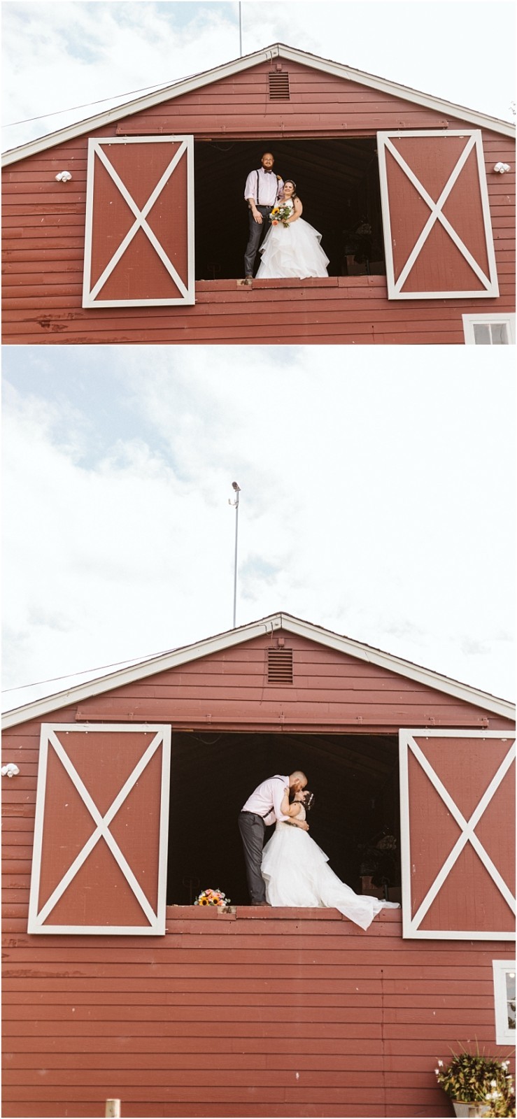 Premier Snohomish & Seattle Wedding Photographer | GSquared Weddings Photography Two photos of a couple in wedding attire share a tender embrace in the open hayloft door of a red barn near Snohomish. Perfect for Seattle wedding or engagement inspiration, a bouquet rests beside them under the partly cloudy sky. 47.9129° N, 122.0982° W | Serving Snohomish, Seattle , Orlando & Beyond