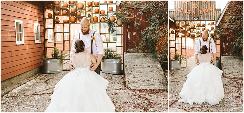 Premier Snohomish & Seattle Wedding Photographer | GSquared Weddings Photography A bride and groom share a first look outdoors by a rustic red barn at their Snohomish wedding, decorated with pumpkins on shelves. The groom smiles at the bride in her white gown as they stand on a stone path. 47.9129° N, 122.0982° W | Serving Snohomish, Seattle , Orlando & Beyond
