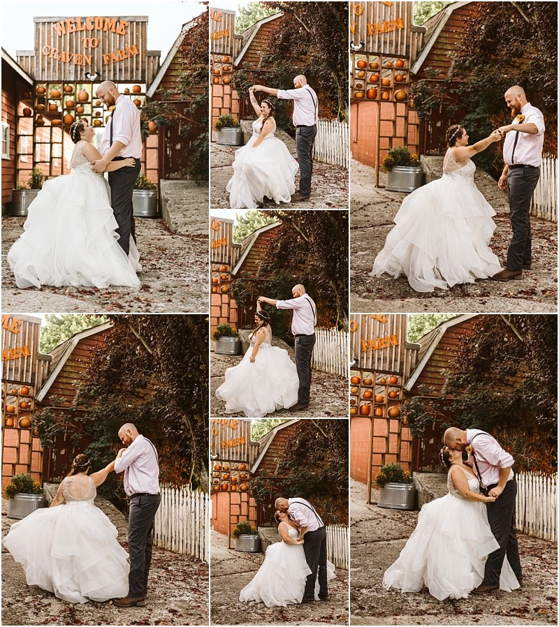 Premier Snohomish & Seattle Wedding Photographer | GSquared Weddings Photography A series of nine photos shows a bride and groom dancing playfully outdoors by a rustic barn decorated with pumpkins at their charming Snohomish wedding. The bride wears a white gown while the groom sports suspenders and gray pants. 47.9129° N, 122.0982° W | Serving Snohomish, Seattle , Orlando & Beyond