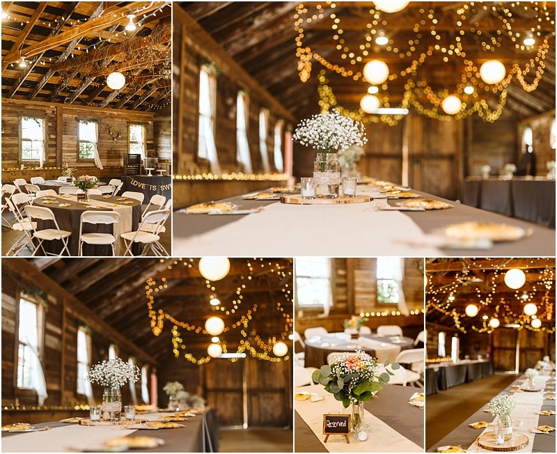 Premier Snohomish & Seattle Wedding Photographer | GSquared Weddings Photography A rustic Snohomish barn decorated for an event, featuring round and rectangular tables with white chairs, floral centerpieces, and warm string lights hanging from the wooden ceiling—perfect for a Seattle wedding or engagement celebration. 47.9129° N, 122.0982° W | Serving Snohomish, Seattle , Orlando & Beyond