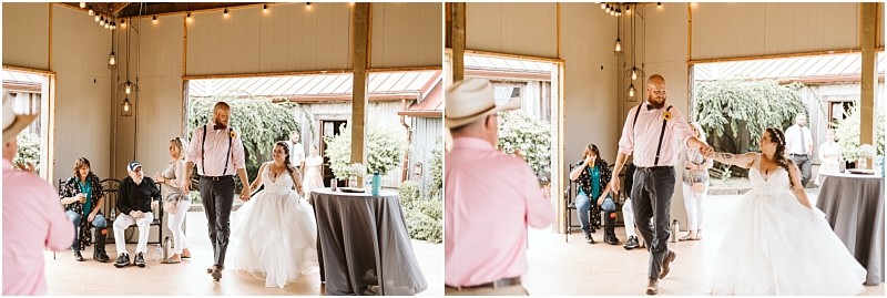 Premier Snohomish & Seattle Wedding Photographer | GSquared Weddings Photography A bride and groom laugh and dance together at their Snohomish wedding in a rustic indoor venue, with guests watching and smiling in the background. The groom, holding a microphone, reaches for the bride’s hand during this joyful Seattle engagement celebration. 47.9129° N, 122.0982° W | Serving Snohomish, Seattle , Orlando & Beyond