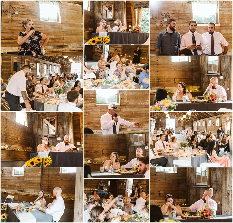 Premier Snohomish & Seattle Wedding Photographer | GSquared Weddings Photography A collage of Snohomish wedding reception photos in a rustic wooden venue, showing guests giving speeches, laughing, and seated at decorated tables with sunflowers. The atmosphere is joyful and celebratory, perfect for a Seattle engagement celebration. 47.9129° N, 122.0982° W | Serving Snohomish, Seattle , Orlando & Beyond