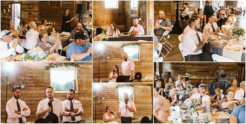 Premier Snohomish & Seattle Wedding Photographer | GSquared Weddings Photography A collage of candid photos at a rustic indoor Snohomish wedding event shows guests at decorated tables, listening to speeches. Several men in white shirts and ties speak, while attendees watch and enjoy the occasion. 47.9129° N, 122.0982° W | Serving Snohomish, Seattle , Orlando & Beyond