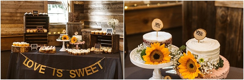 Premier Snohomish & Seattle Wedding Photographer | GSquared Weddings Photography A rustic Snohomish dessert table with cupcakes, sunflowers, and a LOVE IS SWEET banner. On the right, two small cakes adorned with sunflowers and Mr. and Mrs. signs sit on cake stands—perfect for a Seattle wedding engagement celebration. 47.9129° N, 122.0982° W | Serving Snohomish, Seattle , Orlando & Beyond