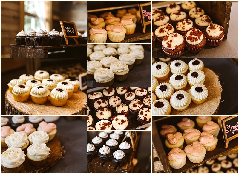 Premier Snohomish & Seattle Wedding Photographer | GSquared Weddings Photography A collage of various cupcakes displayed on wooden stands at a Snohomish Seattle wedding, featuring different flavors and icing designs, including chocolate, vanilla, and red velvet, with labeled signs such as Oreo and Strawberry Shortcake. 47.9129° N, 122.0982° W | Serving Snohomish, Seattle , Orlando & Beyond