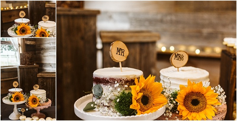 Premier Snohomish & Seattle Wedding Photographer | GSquared Weddings Photography Two rustic wedding cakes topped with Mr. and Mrs. wooden signs, decorated with sunflowers and greenery, are displayed on white cake stands in a charming Snohomish barn—perfect for a Seattle wedding or engagement celebration. 47.9129° N, 122.0982° W | Serving Snohomish, Seattle , Orlando & Beyond