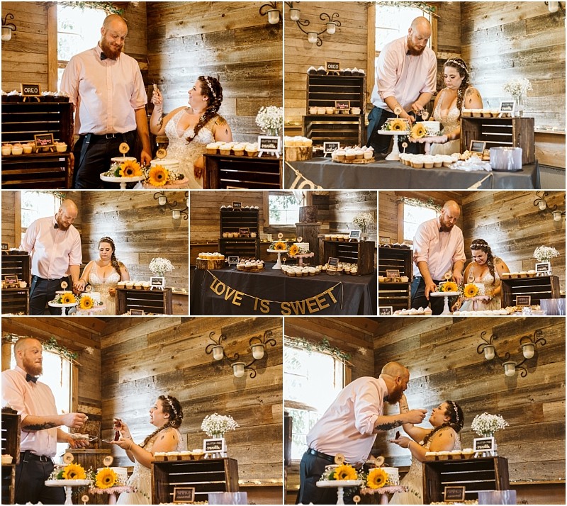Premier Snohomish & Seattle Wedding Photographer | GSquared Weddings Photography A collage shows a bride and groom at their rustic Snohomish wedding, cutting cake, feeding each other, and laughing together. The dessert table is decorated with sunflowers and a “Love Is Sweet” banner. 47.9129° N, 122.0982° W | Serving Snohomish, Seattle , Orlando & Beyond