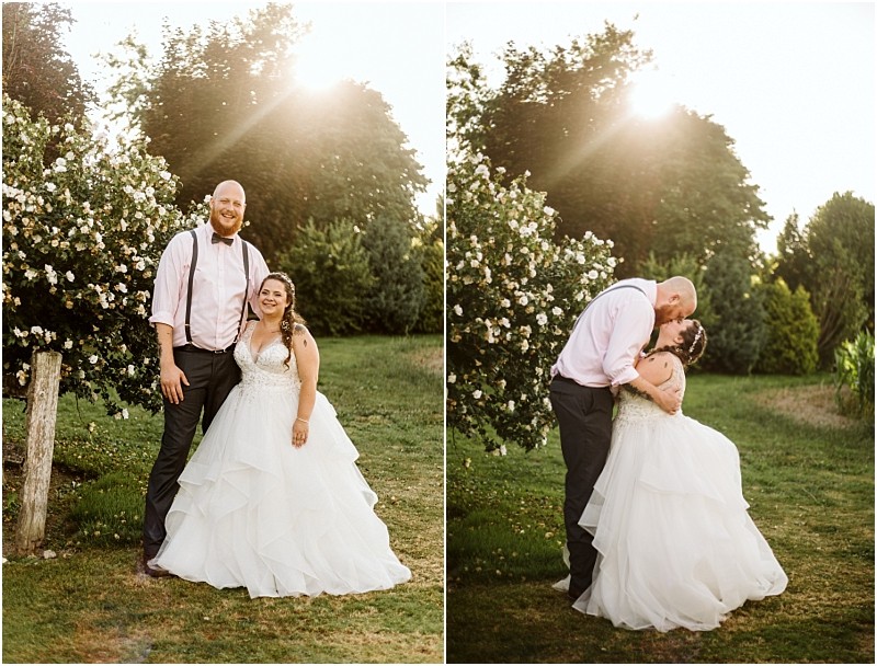 Premier Snohomish & Seattle Wedding Photographer | GSquared Weddings Photography A bride in a white gown and a groom in dress pants, suspenders, and a shirt pose together outdoors at sunset during their Snohomish Seattle Wedding; they smile in one photo and share a kiss by flowering bushes in another. 47.9129° N, 122.0982° W | Serving Snohomish, Seattle , Orlando & Beyond