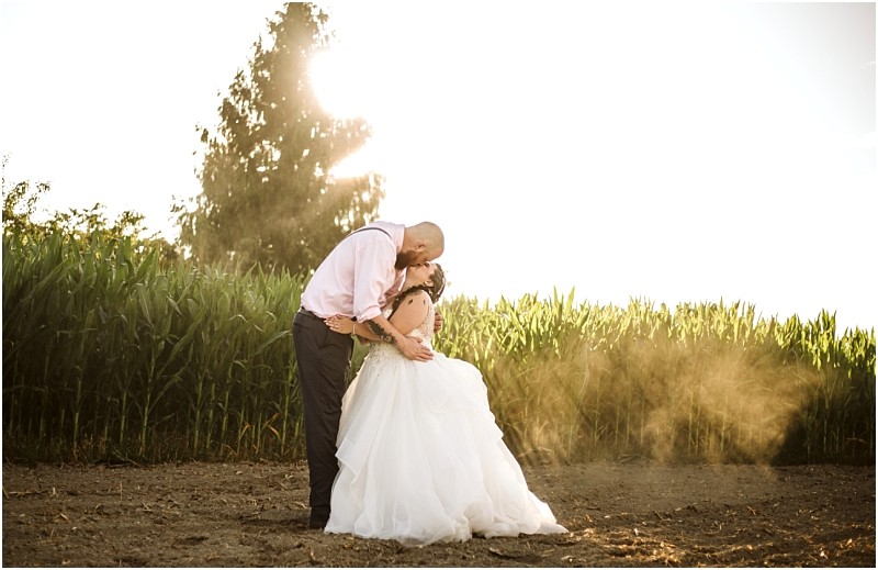 Premier Snohomish & Seattle Wedding Photographer | GSquared Weddings Photography A bride and groom share a kiss in a field at sunset during their Snohomish wedding, with tall green corn stalks behind them and sunlight streaming through the trees, creating a warm, romantic atmosphere. 47.9129° N, 122.0982° W | Serving Snohomish, Seattle , Orlando & Beyond