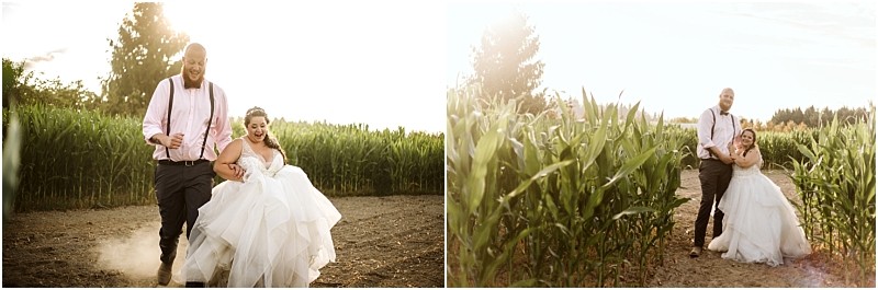 Premier Snohomish & Seattle Wedding Photographer | GSquared Weddings Photography A joyful bride and groom walk and laugh together on a dirt path next to a tall cornfield at sunset during their Snohomish Seattle wedding engagement, with the bride in a white gown and the groom in suspenders and dress pants. 47.9129° N, 122.0982° W | Serving Snohomish, Seattle , Orlando & Beyond