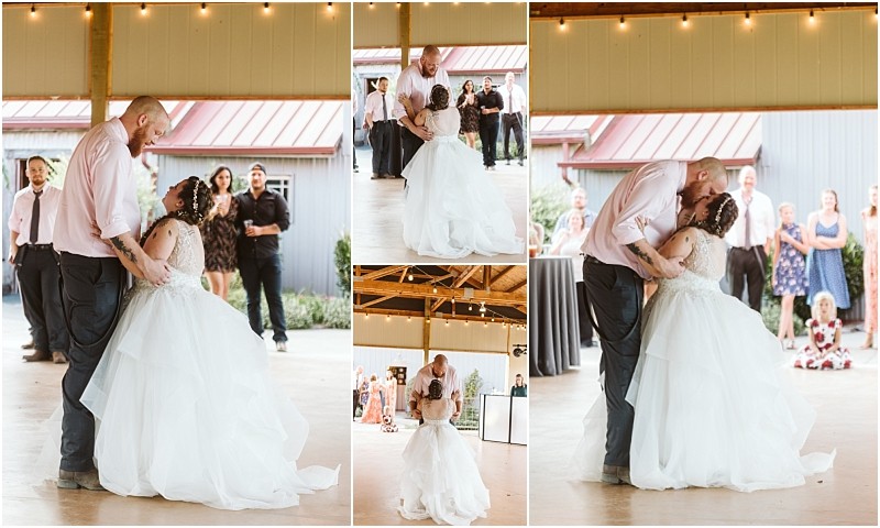 Premier Snohomish & Seattle Wedding Photographer | GSquared Weddings Photography A collage of five photos shows a bride and groom sharing their first dance at a rustic Snohomish wedding venue near Seattle, with guests watching and smiling in the background. The bride wears a white gown; the groom wears a light shirt and dark pants. 47.9129° N, 122.0982° W | Serving Snohomish, Seattle , Orlando & Beyond