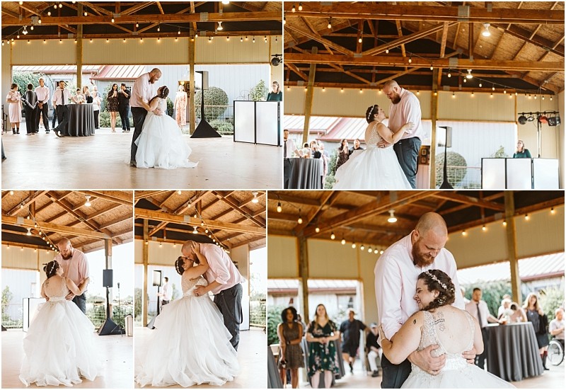 Premier Snohomish & Seattle Wedding Photographer | GSquared Weddings Photography A bride and groom share a joyful first dance in a rustic, open-air Snohomish venue with friends and family watching. Beneath string lights, the bearded groom and his bride in white celebrate their Seattle wedding with radiant smiles. 47.9129° N, 122.0982° W | Serving Snohomish, Seattle , Orlando & Beyond