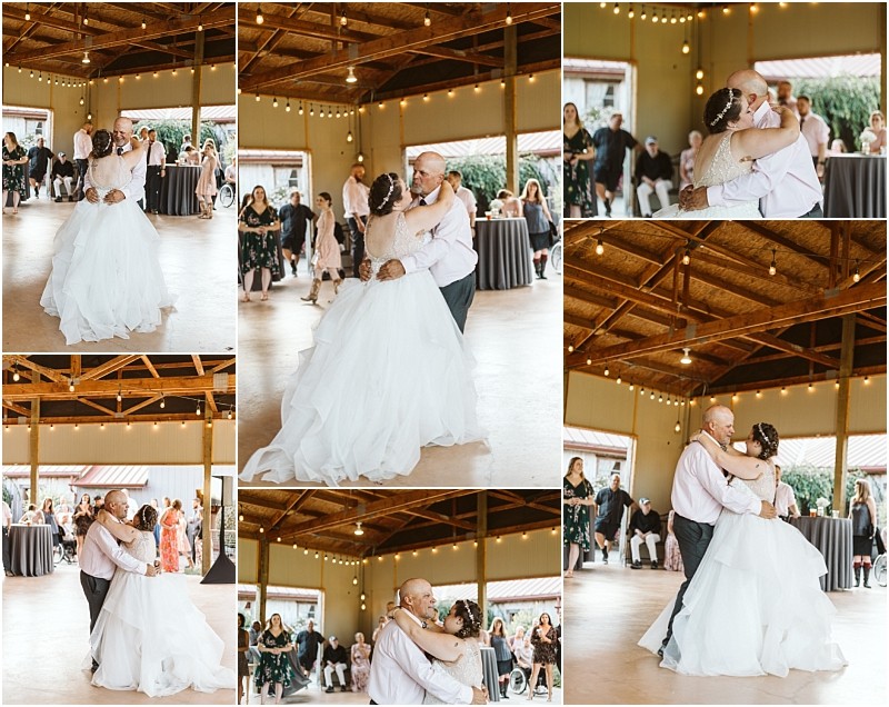 Premier Snohomish & Seattle Wedding Photographer | GSquared Weddings Photography A collage of Snohomish wedding photos shows a bride in a white gown dancing with a man in a light shirt inside a rustic venue, surrounded by guests seated and standing under string lights. 47.9129° N, 122.0982° W | Serving Snohomish, Seattle , Orlando & Beyond