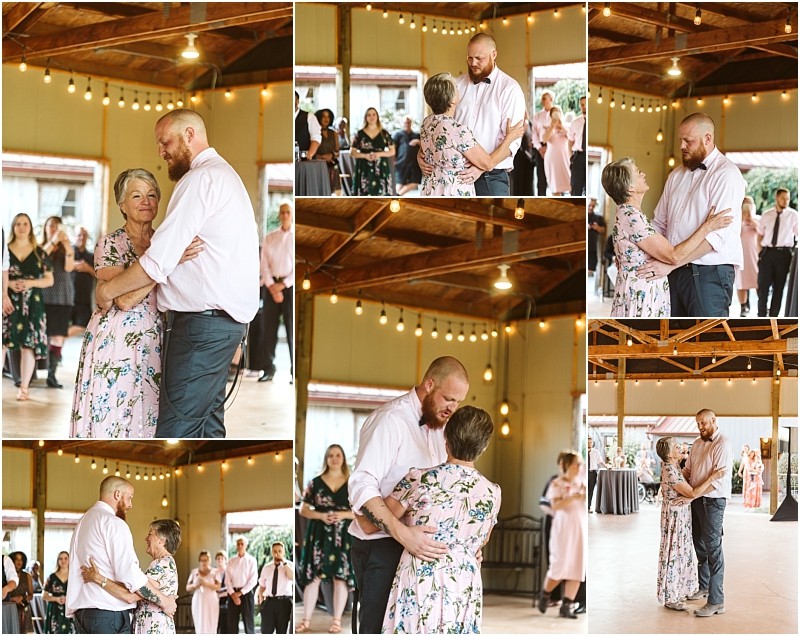Premier Snohomish & Seattle Wedding Photographer | GSquared Weddings Photography A collage of six photos shows a man and an older woman dancing together at a rustic Snohomish wedding. People in formal attire watch in the background as string lights hang from the wooden ceiling. 47.9129° N, 122.0982° W | Serving Snohomish, Seattle , Orlando & Beyond