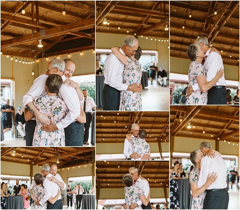 Premier Snohomish & Seattle Wedding Photographer | GSquared Weddings Photography A collage of Snohomish wedding photos shows an elderly couple dancing together under string lights in a wooden pavilion, sharing hugs and smiles with each other and a man in a white shirt and tie. 47.9129° N, 122.0982° W | Serving Snohomish, Seattle , Orlando & Beyond