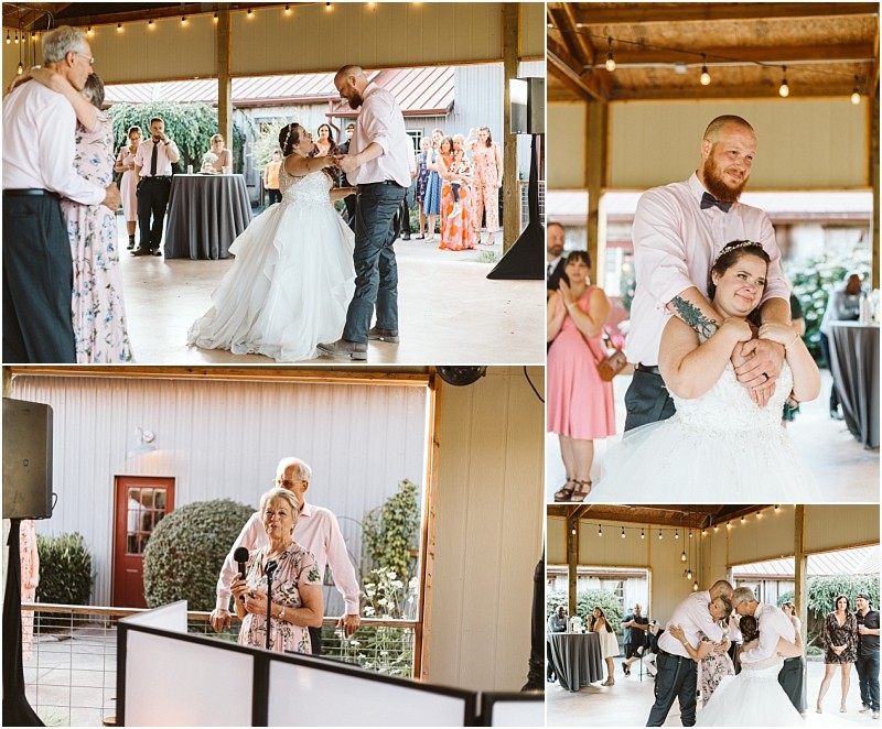 Premier Snohomish & Seattle Wedding Photographer | GSquared Weddings Photography A collage of Snohomish wedding reception moments shows a bride and groom dancing, hugging, and smiling, with guests watching and an older woman speaking into a microphone inside a beautifully decorated venue. 47.9129° N, 122.0982° W | Serving Snohomish, Seattle , Orlando & Beyond