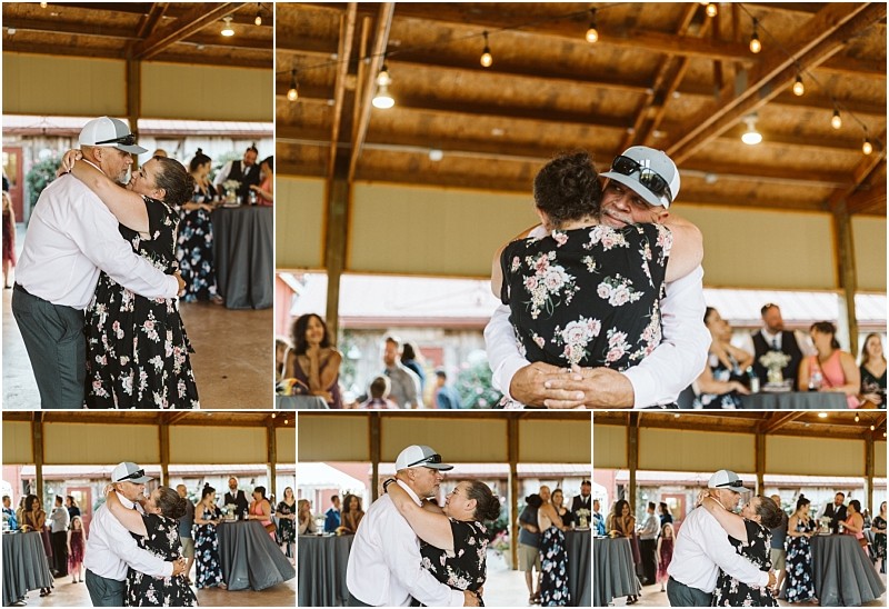 Premier Snohomish & Seattle Wedding Photographer | GSquared Weddings Photography A collage of five photos shows a man in a cap and sunglasses dancing closely with a woman in a floral dress at an indoor Snohomish wedding event, surrounded by guests who are watching and smiling. 47.9129° N, 122.0982° W | Serving Snohomish, Seattle , Orlando & Beyond