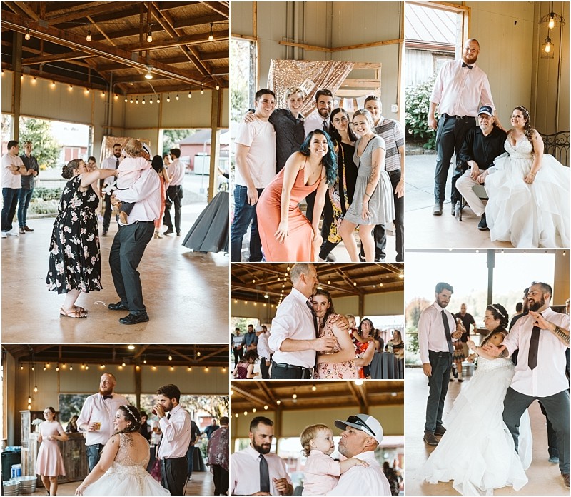 Premier Snohomish & Seattle Wedding Photographer | GSquared Weddings Photography A collage of Snohomish wedding reception moments shows guests dancing, posing for group photos, and enjoying themselves in a rustic indoor venue with string lights and wooden beams. The bride and groom appear in several joyful scenes. 47.9129° N, 122.0982° W | Serving Snohomish, Seattle , Orlando & Beyond