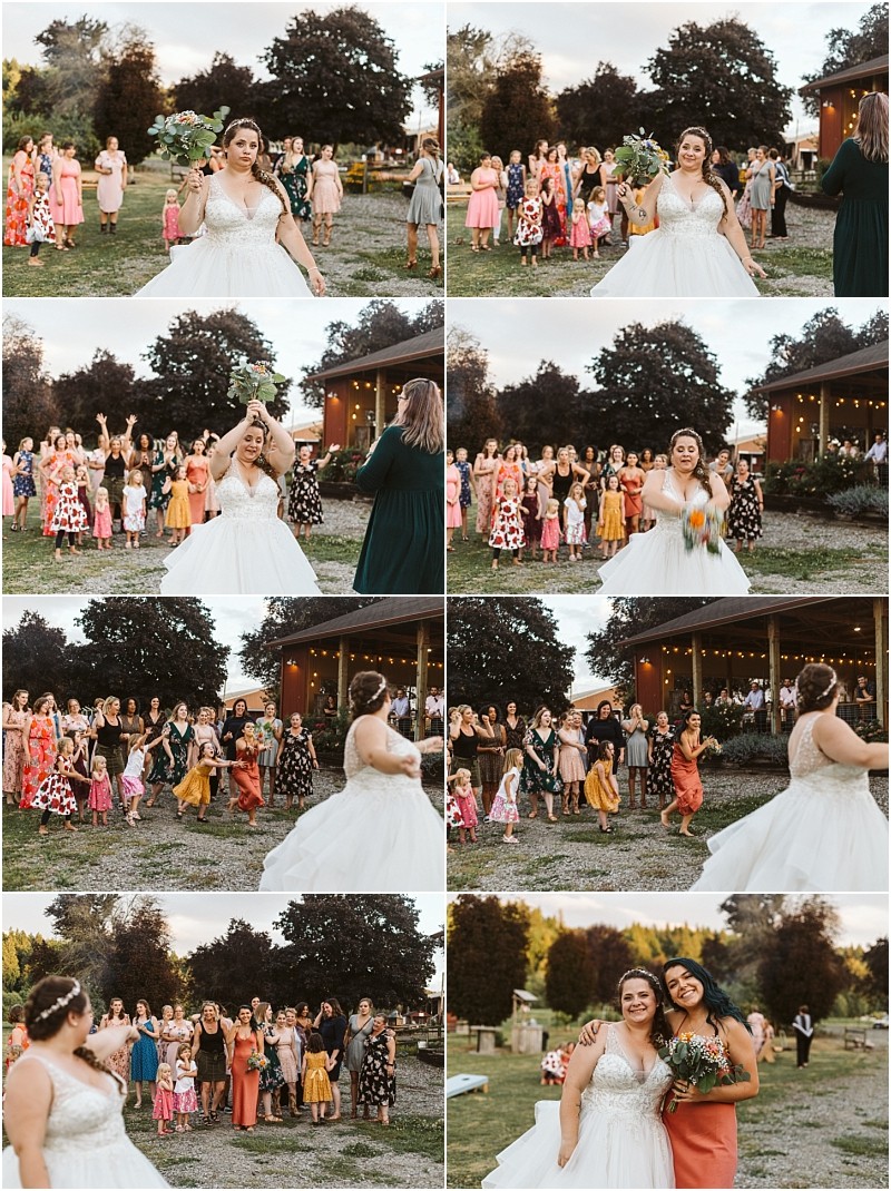 Premier Snohomish & Seattle Wedding Photographer | GSquared Weddings Photography A sequence of Snohomish wedding photos shows a bride tossing her bouquet to a cheering group outside. One woman catches it and poses happily with the bride, capturing the joy of this Seattle engagement tradition. 47.9129° N, 122.0982° W | Serving Snohomish, Seattle , Orlando & Beyond