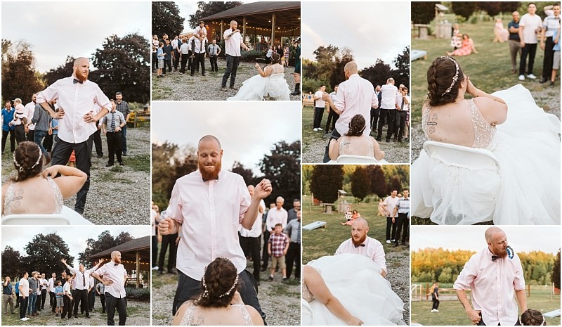 Premier Snohomish & Seattle Wedding Photographer | GSquared Weddings Photography A collage of outdoor wedding photos shows a groom dancing and playfully removing the garter from the seated bride, while guests watch and laugh in the background. Evening light and a rustic Snohomish venue set this Seattle wedding scene. 47.9129° N, 122.0982° W | Serving Snohomish, Seattle , Orlando & Beyond