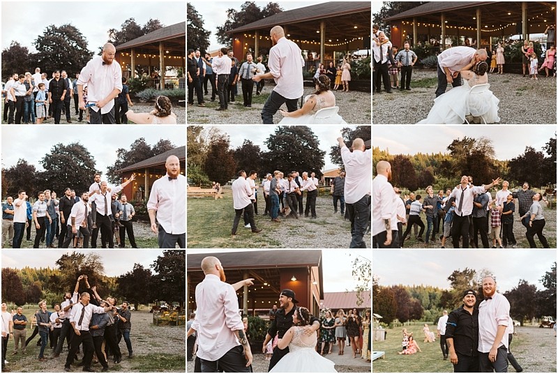 Premier Snohomish & Seattle Wedding Photographer | GSquared Weddings Photography A photo collage captures a fun Snohomish wedding garter toss, with the groom removing the garter from the bride and tossing it to a group of laughing men, followed by cheers and celebration at this joyful Seattle celebration. 47.9129° N, 122.0982° W | Serving Snohomish, Seattle , Orlando & Beyond