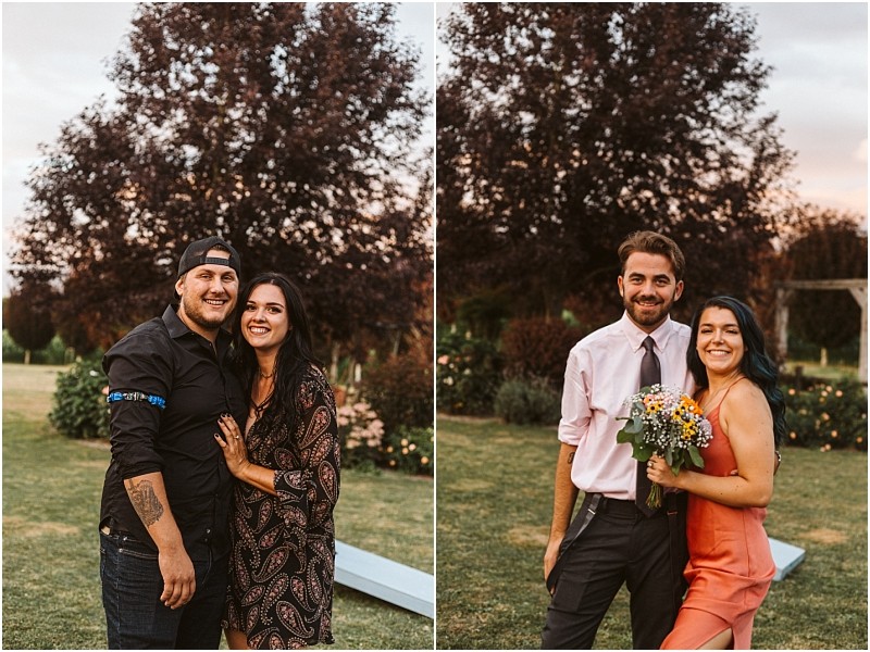 Premier Snohomish & Seattle Wedding Photographer | GSquared Weddings Photography Side-by-side photos: On the left, a smiling couple poses outdoors in Snohomish, the man wearing a cap and black shirt, the woman in a patterned dress. On the right, a Seattle wedding engagement couple smiles together with flowers. 47.9129° N, 122.0982° W | Serving Snohomish, Seattle , Orlando & Beyond