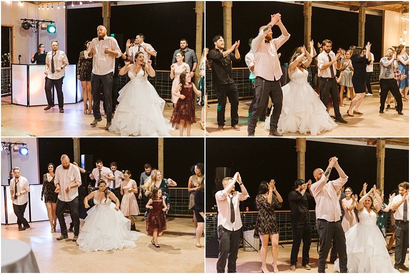 Premier Snohomish & Seattle Wedding Photographer | GSquared Weddings Photography A collage of four photos shows a bride, groom, and wedding guests dancing energetically in a rustic Snohomish venue with string lights and wooden beams. The bride wears a white gown as everyone enjoys this joyful Seattle wedding celebration. 47.9129° N, 122.0982° W | Serving Snohomish, Seattle , Orlando & Beyond