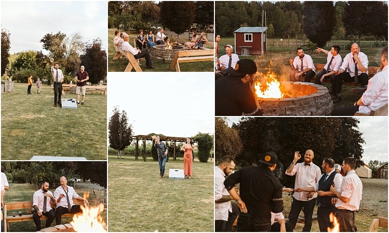 Premier Snohomish & Seattle Wedding Photographer | GSquared Weddings Photography A collage of outdoor gathering scenes shows people playing lawn games, chatting, and relaxing around a fire pit at a Snohomish Seattle wedding engagement in a grassy yard with trees and a red shed in the background. 47.9129° N, 122.0982° W | Serving Snohomish, Seattle , Orlando & Beyond
