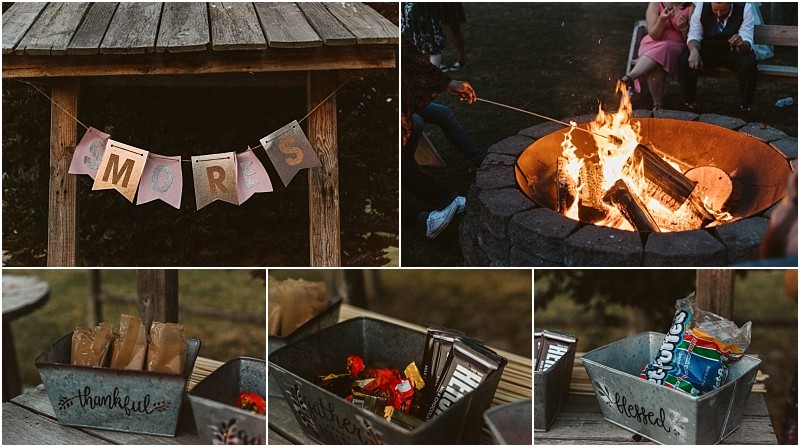 Premier Snohomish & Seattle Wedding Photographer | GSquared Weddings Photography A rustic smores station at your Snohomish Seattle wedding or engagement features a wooden stand with a “S’mores” banner, a cozy fire pit for roasting marshmallows, and metal bins filled with chocolate and graham crackers. 47.9129° N, 122.0982° W | Serving Snohomish, Seattle , Orlando & Beyond