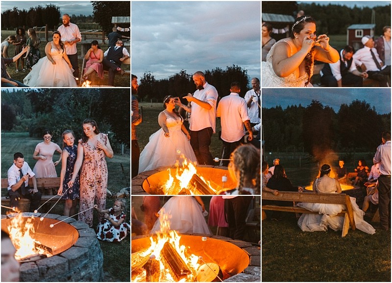 Premier Snohomish & Seattle Wedding Photographer | GSquared Weddings Photography A collage of wedding guests, including the bride and groom, gathered around a campfire outdoors at dusk in Snohomish near Seattle, roasting marshmallows, laughing, and enjoying the warm, festive atmosphere. 47.9129° N, 122.0982° W | Serving Snohomish, Seattle , Orlando & Beyond