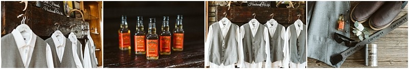 Premier Snohomish & Seattle Wedding Photographer | GSquared Weddings Photography A collage features gray vests on hangers, small bottles of whiskey, a row of white shirts with gray vests, and close-ups of brown shoes, socks, and a silver flask—perfect details for a Snohomish Seattle wedding or engagement. 47.9129° N, 122.0982° W | Serving Snohomish, Seattle , Orlando & Beyond
