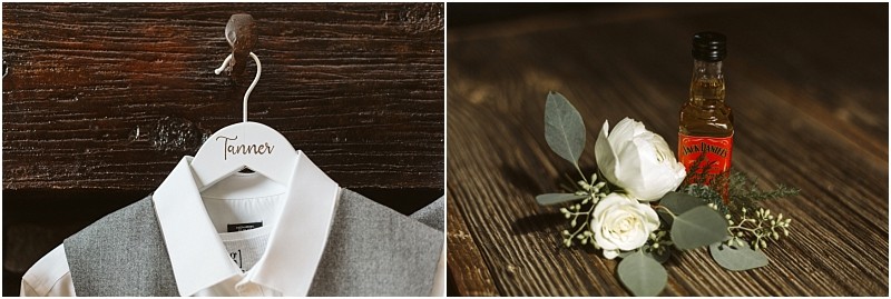 Premier Snohomish & Seattle Wedding Photographer | GSquared Weddings Photography A split image: on the left, a white shirt and grey vest on a hanger labeled Tanner; on the right, a boutonniere with white flowers and greenery beside a small whiskey bottle—perfect details for a Snohomish Seattle wedding engagement. 47.9129° N, 122.0982° W | Serving Snohomish, Seattle , Orlando & Beyond