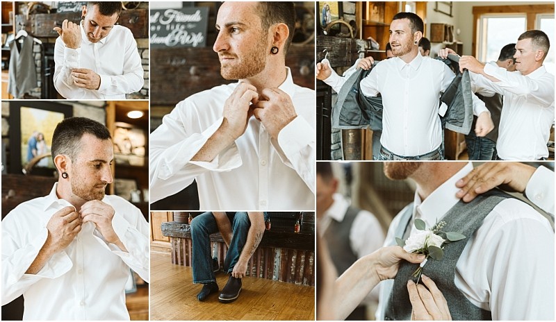 Premier Snohomish & Seattle Wedding Photographer | GSquared Weddings Photography A collage captures a Snohomish groom getting ready for his Seattle wedding: putting on a shirt, adjusting his collar, adding his jacket and boutonniere, and slipping on shoes with help from friends in a rustic indoor setting. 47.9129° N, 122.0982° W | Serving Snohomish, Seattle , Orlando & Beyond