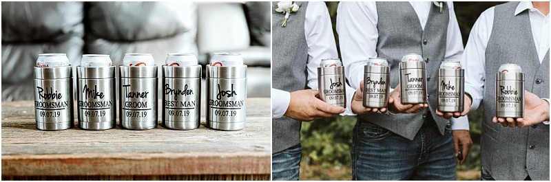 Premier Snohomish & Seattle Wedding Photographer | GSquared Weddings Photography Six personalized stainless steel can holders labeled with names and wedding roles are displayed—perfect for a Snohomish Seattle wedding. Next, four men in vests and white shirts raise their can holders together outdoors, celebrating the engagement. 47.9129° N, 122.0982° W | Serving Snohomish, Seattle , Orlando & Beyond