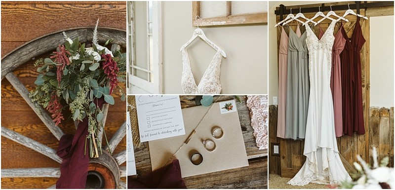 Premier Snohomish & Seattle Wedding Photographer | GSquared Weddings Photography A collage: a bouquet with greenery and red accents on a wagon wheel, a lace bridal gown hanging, three wedding rings on an invitation, and three dresses (white, mauve, burgundy) on wooden hooks at a Snohomish Seattle Wedding. 47.9129° N, 122.0982° W | Serving Snohomish, Seattle , Orlando & Beyond