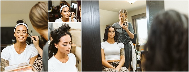 Premier Snohomish & Seattle Wedding Photographer | GSquared Weddings Photography A woman with dark hair is getting her makeup and hair done by stylists in a bright room. She sits calmly in a white top during this Snohomish Seattle wedding prep, captured in several beautiful collage photos. 47.9129° N, 122.0982° W | Serving Snohomish, Seattle , Orlando & Beyond