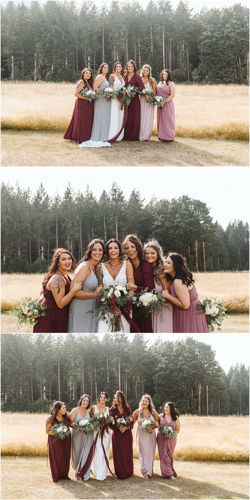 Premier Snohomish & Seattle Wedding Photographer | GSquared Weddings Photography A bride in a white dress stands outdoors in a grassy field with six bridesmaids wearing mismatched burgundy, mauve, and gray dresses, all holding bouquets and smiling joyfully at their Snohomish wedding among tall pine trees. 47.9129° N, 122.0982° W | Serving Snohomish, Seattle , Orlando & Beyond