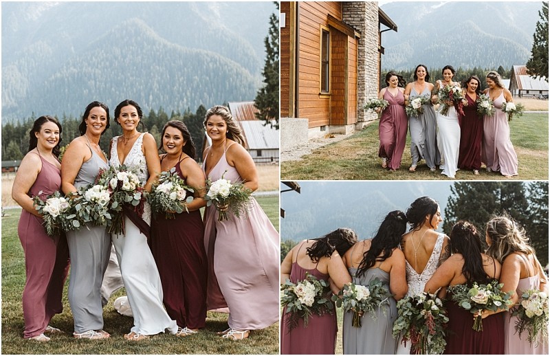 Premier Snohomish & Seattle Wedding Photographer | GSquared Weddings Photography A bride in a white gown stands outdoors with five bridesmaids in mismatched mauve and pink dresses. They smile, hold flower bouquets, and pose together with mountains and pine trees in the background at a Snohomish Seattle wedding. 47.9129° N, 122.0982° W | Serving Snohomish, Seattle , Orlando & Beyond