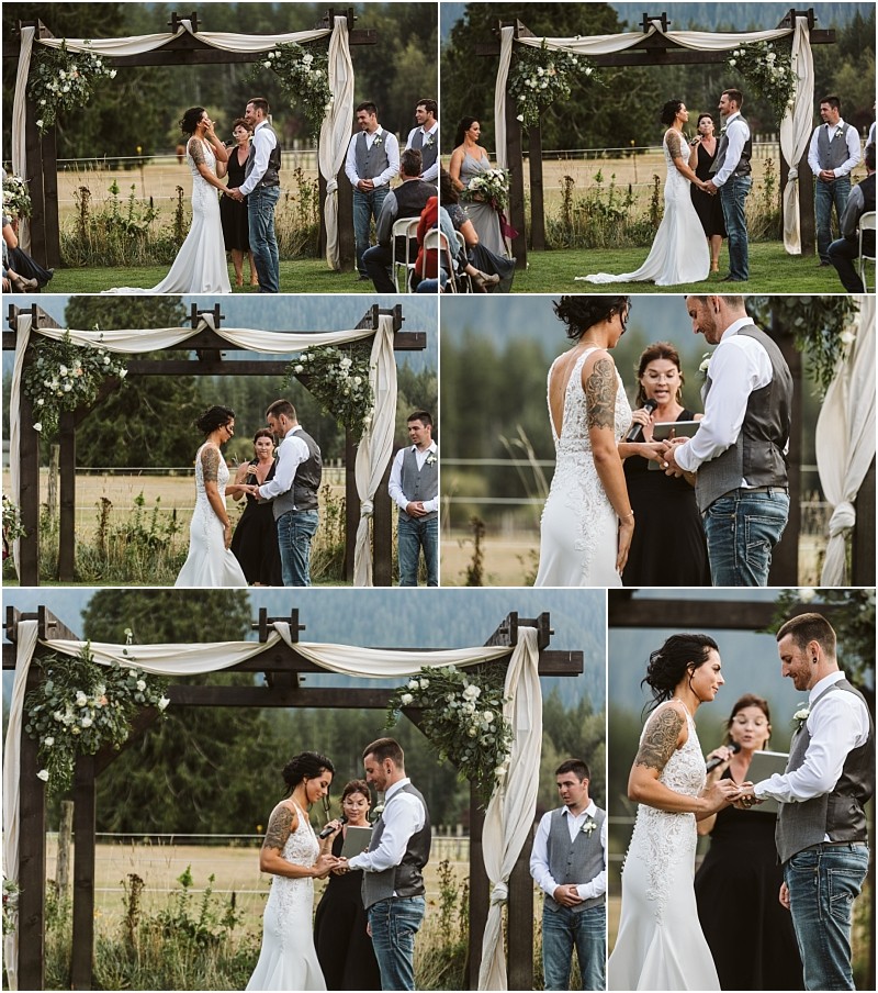 Premier Snohomish & Seattle Wedding Photographer | GSquared Weddings Photography A bride and groom exchange vows and rings under a floral arch outdoors, accompanied by an officiant and groomsmen, set against lush greenery and mountains at a beautiful Snohomish Seattle wedding. 47.9129° N, 122.0982° W | Serving Snohomish, Seattle , Orlando & Beyond