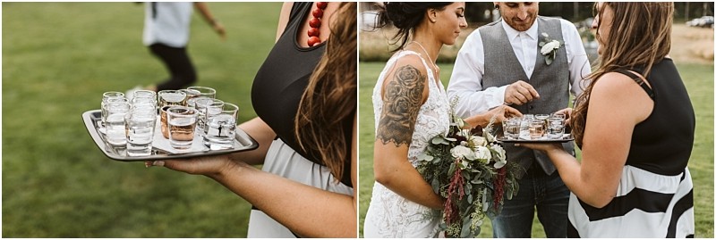 Premier Snohomish & Seattle Wedding Photographer | GSquared Weddings Photography A woman holds a tray of filled shot glasses outdoors; in the next photo, a Snohomish bride and groom take shots from the tray, with the bride holding a bouquet and a woman serving them at their Seattle wedding. 47.9129° N, 122.0982° W | Serving Snohomish, Seattle , Orlando & Beyond