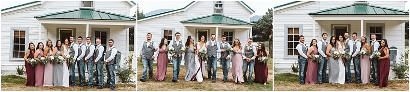 Premier Snohomish & Seattle Wedding Photographer | GSquared Weddings Photography Three group photos of a Snohomish wedding party standing outdoors in front of a white house with a green roof. Bridesmaids in mauve dresses and groomsmen in gray suits and suspenders smile and pose together, capturing Seattle wedding joy. 47.9129° N, 122.0982° W | Serving Snohomish, Seattle , Orlando & Beyond