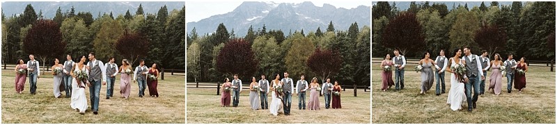 Premier Snohomish & Seattle Wedding Photographer | GSquared Weddings Photography A Snohomish wedding party walks across a grassy field with trees and mountains in the background. The group is dressed in formal attire, including suits and dresses, and some hold bouquets. 47.9129° N, 122.0982° W | Serving Snohomish, Seattle , Orlando & Beyond