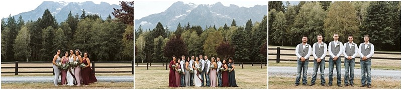 Premier Snohomish & Seattle Wedding Photographer | GSquared Weddings Photography Three outdoor Snohomish wedding party photos: first with bridesmaids in colorful dresses, second with the full wedding party, and third with groomsmen in white shirts and jeans, all set against scenic trees and mountains near Seattle. 47.9129° N, 122.0982° W | Serving Snohomish, Seattle , Orlando & Beyond