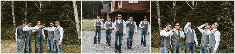 Premier Snohomish & Seattle Wedding Photographer | GSquared Weddings Photography Three photos show four groomsmen in casual wedding attire with sunglasses outdoors, toasting, walking together, and drinking shots in a forested area near a cabin at a relaxed Snohomish Seattle wedding. 47.9129° N, 122.0982° W | Serving Snohomish, Seattle , Orlando & Beyond