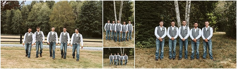 Premier Snohomish & Seattle Wedding Photographer | GSquared Weddings Photography A group of six men dressed in jeans, white shirts, and grey vests pose together outdoors at a Snohomish Seattle wedding in front of trees and a wooden fence on a grassy area in three different arrangements. 47.9129° N, 122.0982° W | Serving Snohomish, Seattle , Orlando & Beyond