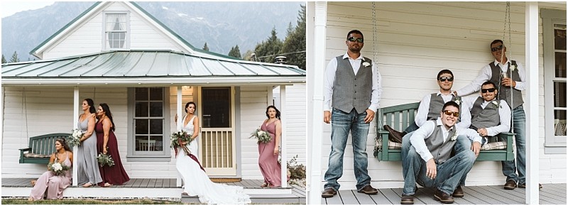 Premier Snohomish & Seattle Wedding Photographer | GSquared Weddings Photography Two photos from a Snohomish Seattle wedding: On the left, a bride and bridesmaids in pastel dresses pose on the porch of a white house. On the right, four groomsmen in vests and sunglasses relax casually on the same porch. 47.9129° N, 122.0982° W | Serving Snohomish, Seattle , Orlando & Beyond