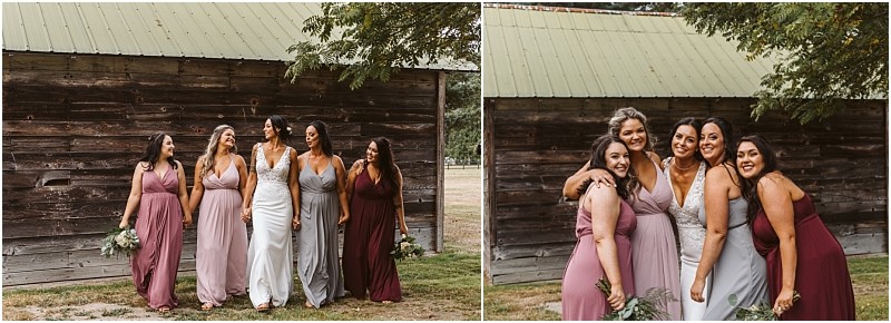 Premier Snohomish & Seattle Wedding Photographer | GSquared Weddings Photography Two photos show four women in bridesmaid dresses and a wedding gown, smiling and posing together outside a rustic wooden building with a green roof, holding bouquets on a grassy area at a charming Snohomish Seattle wedding. 47.9129° N, 122.0982° W | Serving Snohomish, Seattle , Orlando & Beyond