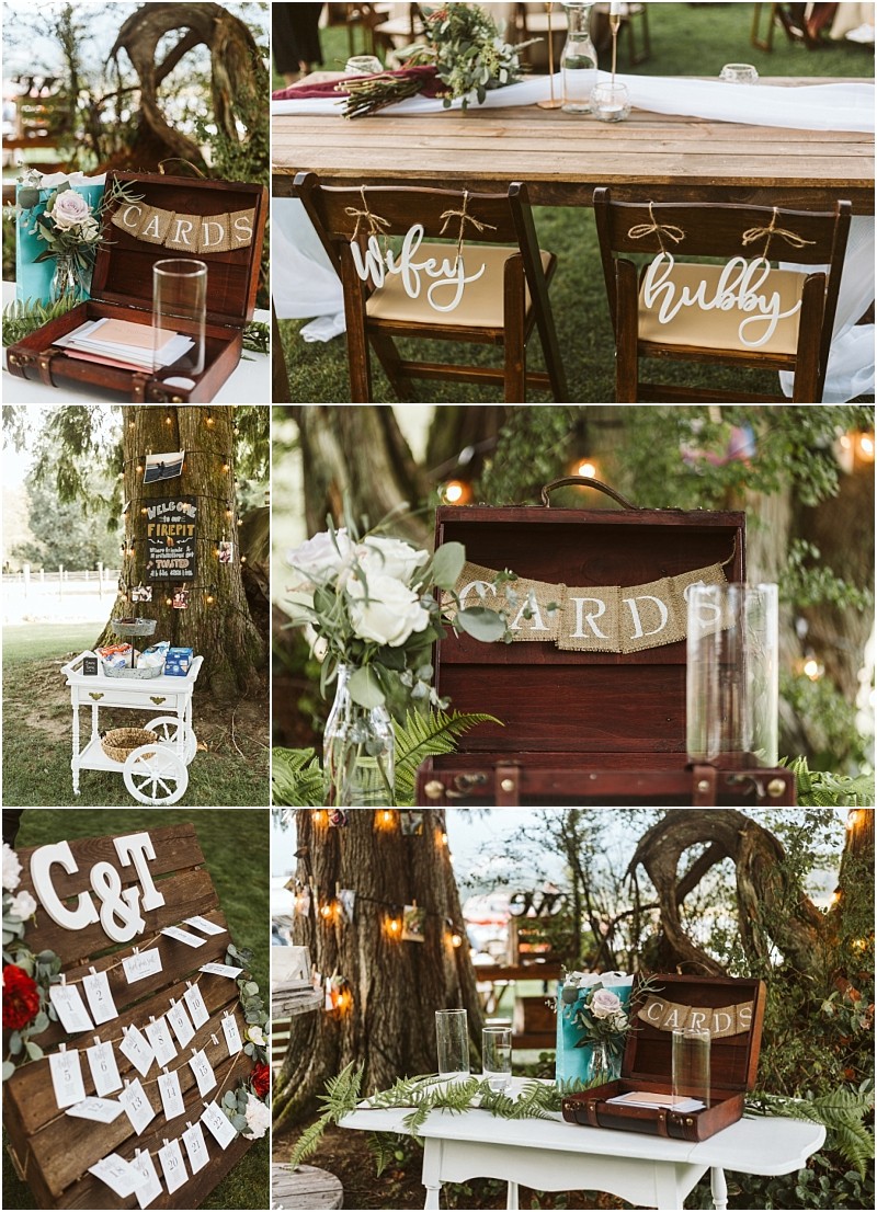 Premier Snohomish & Seattle Wedding Photographer | GSquared Weddings Photography Collage of rustic Snohomish wedding decor: wooden Cards box, Wifey and Hubby chair signs, a white cart with flowers and cards, string lights, and a wooden board displaying guest names and C&T initials—perfect for a Seattle wedding engagement. 47.9129° N, 122.0982° W | Serving Snohomish, Seattle , Orlando & Beyond