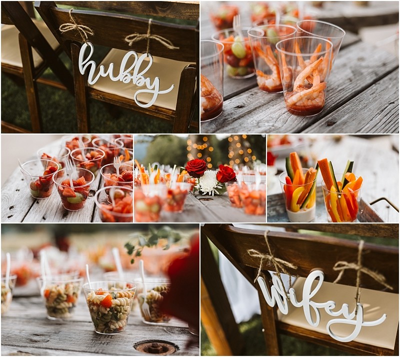Premier Snohomish & Seattle Wedding Photographer | GSquared Weddings Photography A collage of Snohomish wedding reception details: wooden chairs with “hubby” and “wifey” signs, clear plastic cups filled with shrimp, veggies, and pasta salads, and a centerpiece of red roses. 47.9129° N, 122.0982° W | Serving Snohomish, Seattle , Orlando & Beyond